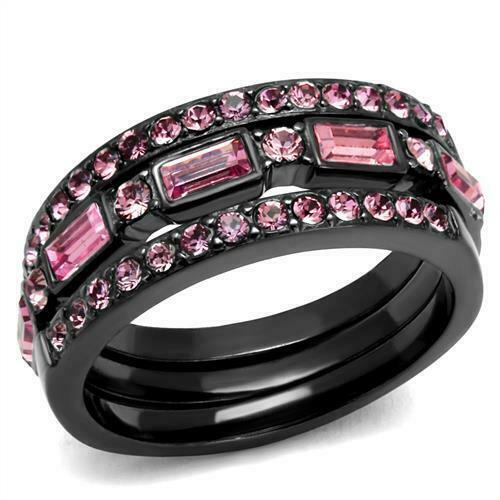 Jewellery Kingdom Stacking Black Bands Ladies Emerald Cuts Cubic Zirconia Ring (Pink) - Jewelry Rings - British D'sire