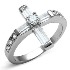 Jewellery Kingdom Stainless Steel Cubic Zirconia Emerald Cut Ladies Cross Ring (Silver) - Rings - British D'sire