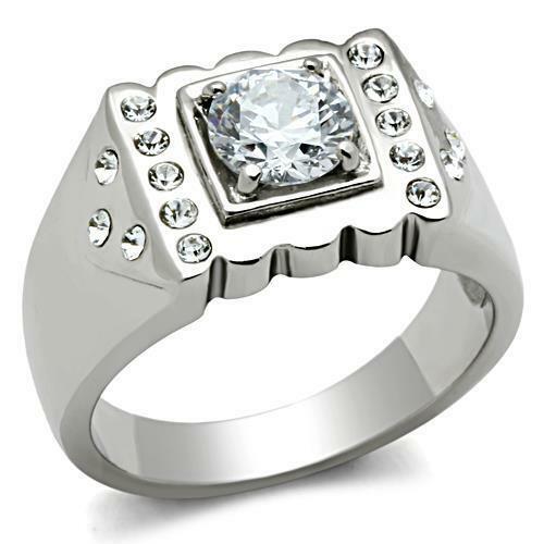 Jewellery Kingdom Stainless Steel Cubic Zirconia Silver Studded Square Mens Signet Ring - Jewelry Rings - British D'sire