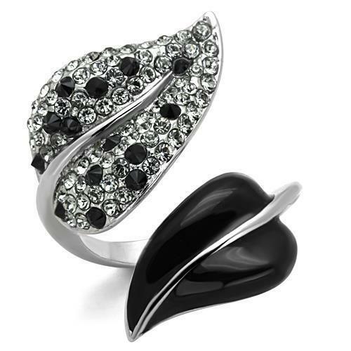 Jewellery Kingdom Stainless Steel Jet Cubic Zirconia Ladies Leaf Ring Black - Jewelry Rings - British D'sire