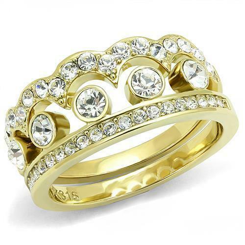 Jewellery Kingdom Steel Bezel Ladies Stacking Wedding Band Ring Set (Gold) - Rings - British D'sire