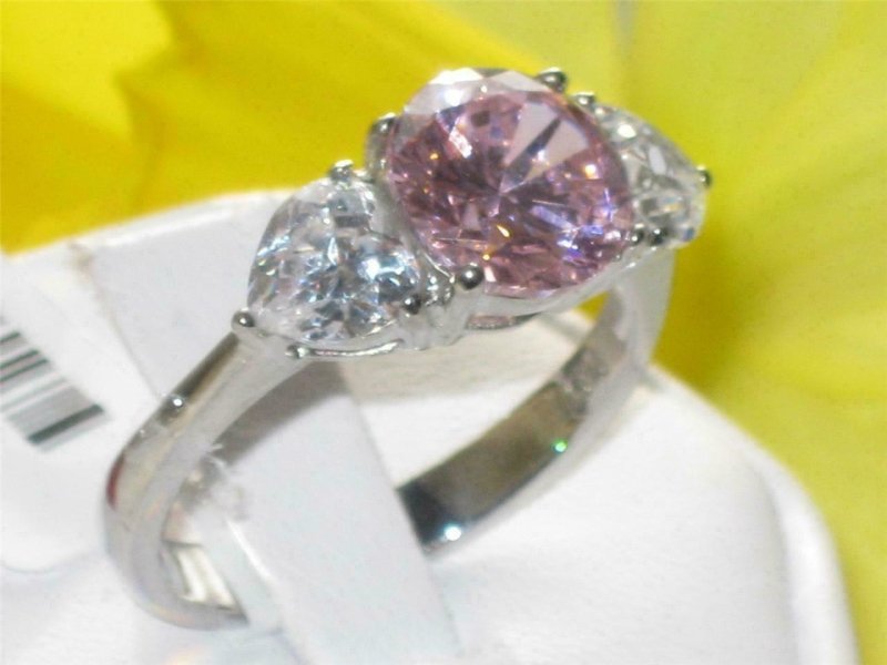 Jewellery Kingdom Three Stone Anniversary Cubic Zirconia Stainless Steel Sapphire Ladies Pink Ring - Jewelry Rings - British D'sire