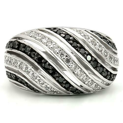 Jewellery Kingdom White CZ Half Dome Pave Sparkling Realistic Silver Ladies Black Ring - Jewelry Rings - British D'sire