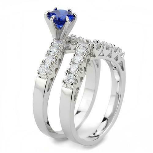 Jewellery Kingdom Wishbone Sapphire Ladies Engagement Wedding Band Ring Set (Silver &Blue) - Engagement Rings - British D'sire