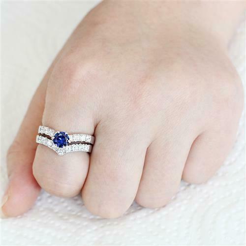 Jewellery Kingdom Wishbone Sapphire Ladies Engagement Wedding Band Ring Set (Silver &Blue) - Engagement Rings - British D'sire