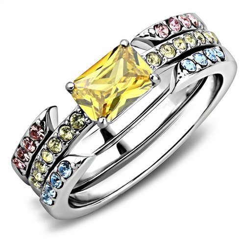 Jewellery Kingdom Yellow Emerald Cut Cubic Zirconia Wedding Band Engagement Multi Ladies Citrine Ring Set - Jewelry Rings - British D'sire