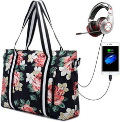 Laptop Tote Bag Women Work Handbag 17.3" Floral Shoulder Bag Girls Carrying Messenger Fits Notebook with USB RFID Anti Theft (Grey) - British D'sire