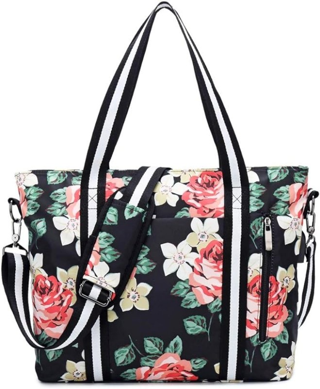 Laptop Tote Bag Women Work Handbag 17.3" Floral Shoulder Bag Girls Carrying Messenger Fits Notebook with USB RFID Anti Theft (Grey) - British D'sire