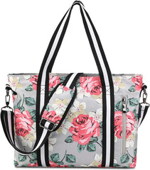 Laptop Tote Bag Women Work Handbag 17.3" Floral Shoulder Bag Girls Carrying Messenger Fits Notebook with USB RFID Anti Theft (Grey) - British D'sire