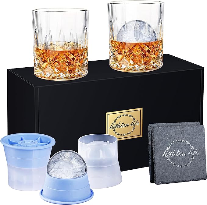 LIGHTEN LIFE Whiskey Glass Set (2 Whisky Tumbler,2 Ice Molds,2 Coasters) in Gift Box,Non-Lead Old Fashioned Glass for Bourbon Scotch,Whiskey Rock Glasses with Ice Molds for Men - British D'sire