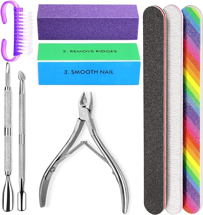 Manicure Nail File Kit-3Pcs Double Sided Nail File, Rectangular Nail Buffer, 4 Step Buffing Block, 3Pcs Cuticle Clipper & Pusher, and Nail Brush, Complete Nail Kit with Buffer for Salon Nail Art - British D'sire