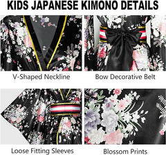 PLULON 5 Pcs Women's Japanese Kimono Robe Short Floral Print Kimono Dress Sexy Geisha Yukata Satin Bathrobe with Accessories - British D'sire