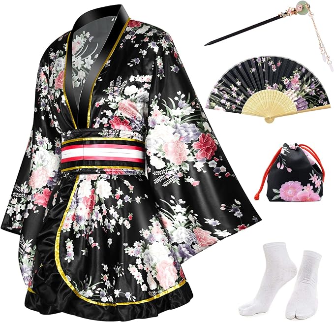 PLULON 5 Pcs Women's Japanese Kimono Robe Short Floral Print Kimono Dress Sexy Geisha Yukata Satin Bathrobe with Accessories - British D'sire