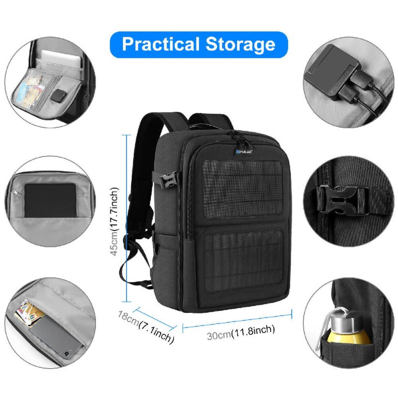 PULUZ Solar Power Outdoor Portable Camera Dual Shoulders Backpack Laptop Bag (Black) - Shoulders Backpack Laptop Bag - British D'sire