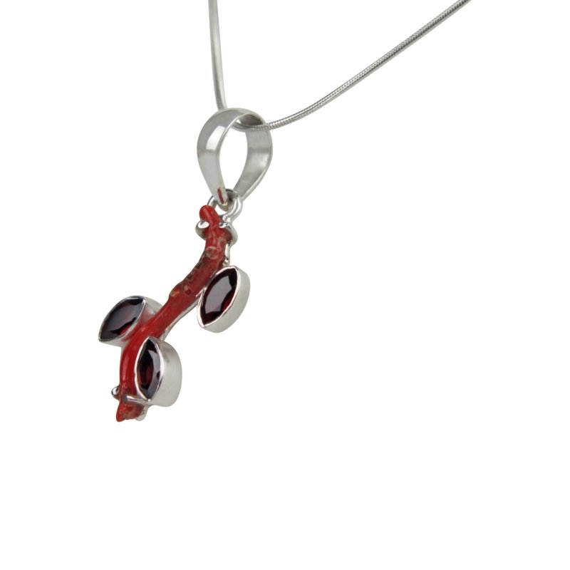 Red Coral Branch Pendant Accent with Faceted Multi-Garnet Stones - Necklaces & Pendants - British D'sire