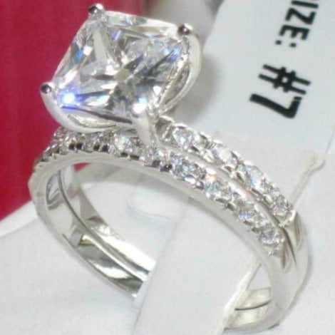 Jewellery Kingdom Wedding Engagement Band Set Princess Cut Simulated Diamonds Ring (Silver)