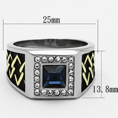 Jewellery Kingdom Signet Stainless Steel Gold Square Blackened Cubic Zirconia Mens Sapphire Ring (Blue)