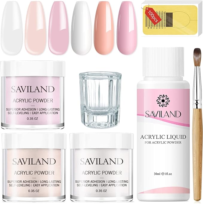 Saviland Acrylic Nail Kit ,Acrylic Powder- Acrylic Nail Kits Full Set For Beginners with 3 Colours Pink Nudes Clear Acrylic Nail Set,Professional Monomer Liquid acrylic powder System - British D'sire