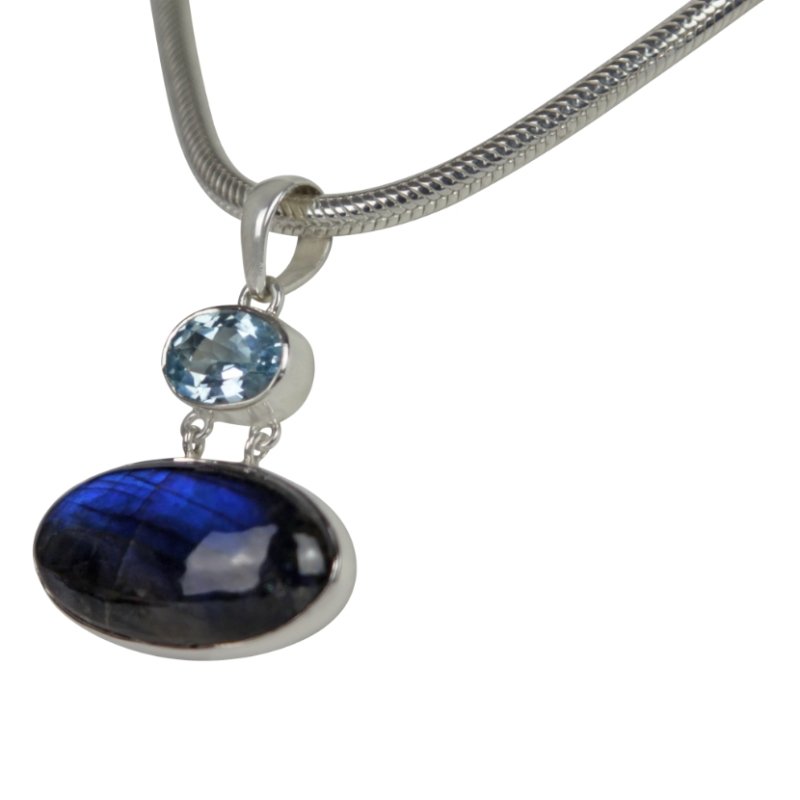 Stunning Labradorite set horizontally and a Beautiful Blue Topaz Statement Sterling silver Pendant - Necklaces & Pendants - British D'sire