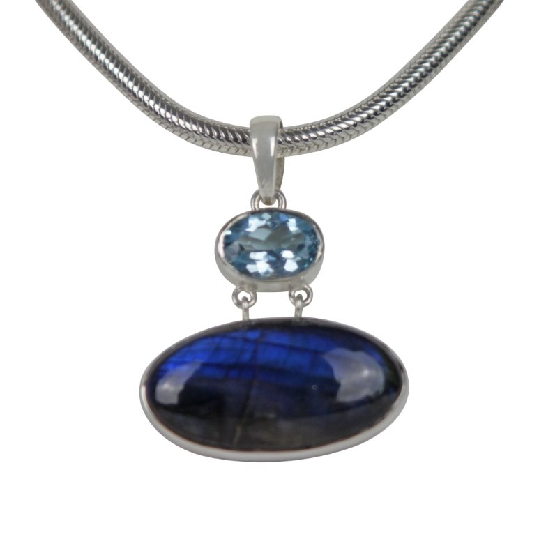 Stunning Labradorite set horizontally and a Beautiful Blue Topaz Statement Sterling silver Pendant - Necklaces & Pendants - British D'sire