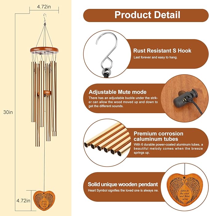 Sympathy 32" Memorial Wind Chimes for Loss of Loved One Prime, Meaningful Condolence Bereavement Rememberance Gifts for Loss of Father Mother Outdoor Deep Tone Wind Chimes Deco Garden - British D'sire