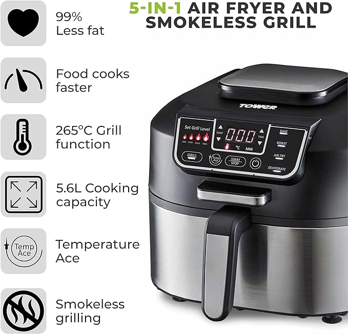 Tower T17086 Vortx 5 in 1 Air Fryer and Grill with Crisper, 5.6L, Black - British D'sire