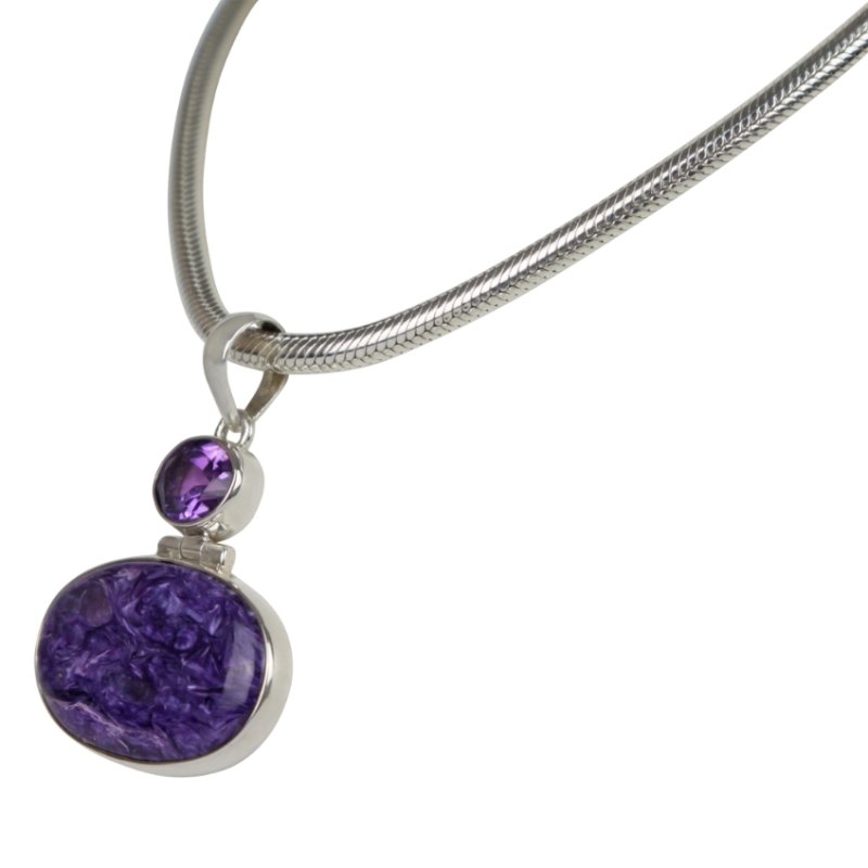 Very beautiful purple colour Oval cut Chorite pendant sitting horizontally with a very beautiful faceted Amethyst - Necklaces & Pendants - British D'sire