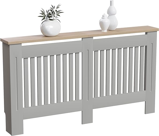 Vida Designs Arlington Radiator Cover Grey Modern Painted MDF Cabinet, Slats, Grill, Wood Top Shelf, Large (H: 83.3 / W: 152 / D: 19 cm) - British D'sire