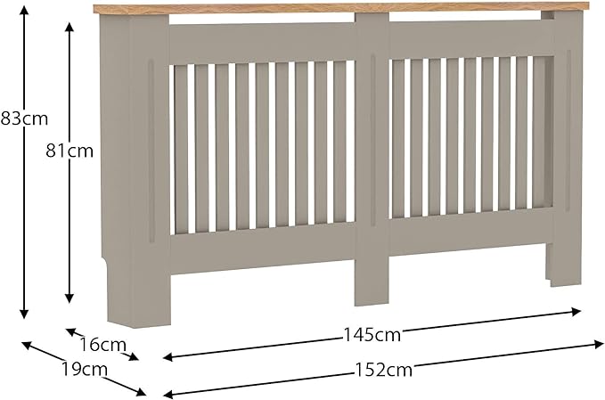 Vida Designs Arlington Radiator Cover Grey Modern Painted MDF Cabinet, Slats, Grill, Wood Top Shelf, Large (H: 83.3 / W: 152 / D: 19 cm) - British D'sire