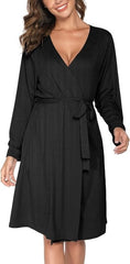 Vlazom Womens Dressing Gown Soft Kimono Robe V-Neck Long Knit Bathrobe Nightwear Sleepwear for All Seasons S-XXL - British D'sire