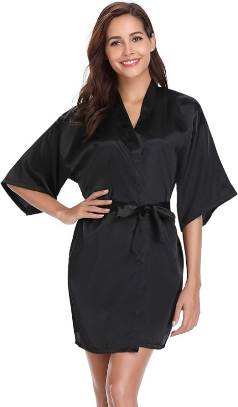 Vlazom Womens Kimono Robes Dressing Gown Satin Bathrobe Nightdress Short Style Bridal Robe with Oblique V-Neck - British D'sire