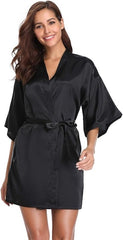 Vlazom Womens Kimono Robes Dressing Gown Satin Bathrobe Nightdress Short Style Bridal Robe with Oblique V-Neck - British D'sire