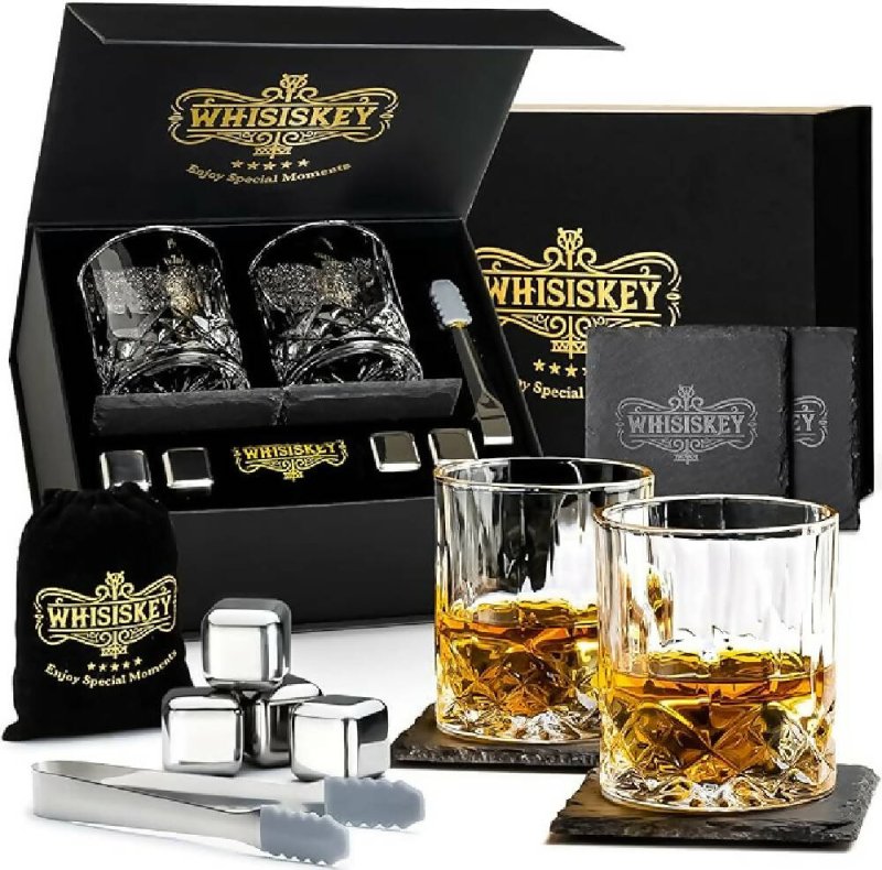 Whiskey Glasses Set | Whisky Accessories Set | Gifts for Men | Whisky Gift Set | Reusable Ice Cubes - Glasswares & Drinkwares - British D'sire