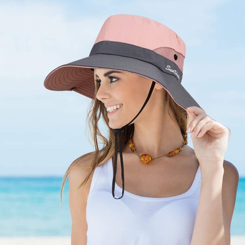 Women Foldable Hat Wide Brim Sun Hat UV Protection Mesh Visor Hat Great For Travel Hiking Fishing Beach Gardening 56-58cm (Pink)