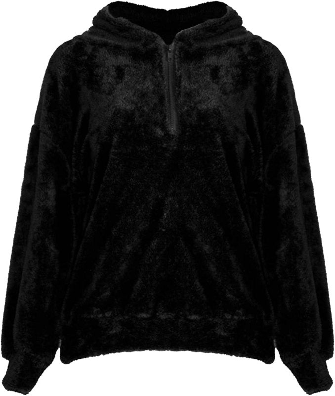 Womens Oversized Teddy Bear Faux Fur Fluffy Coat Half Zip Side Pockets Winter Fleece Hoody Outwear - Mens Hoodies & Sweatshirts - British D'sire