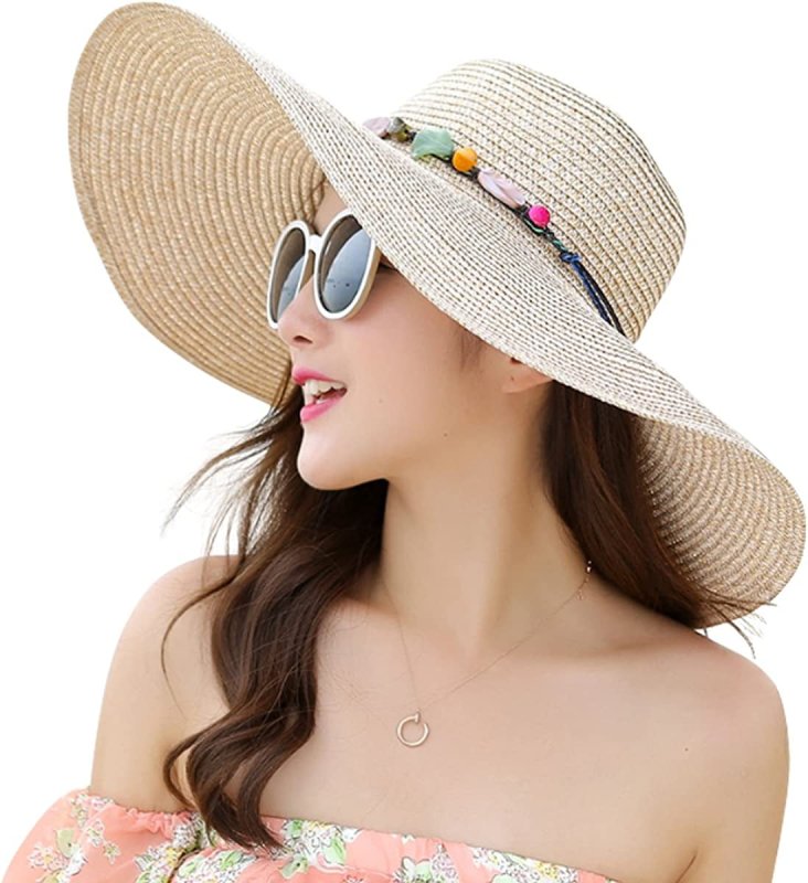 Womens Wide Brim Straw Hat Floppy Foldable Roll up Cap Beach Sun Hat UPF 50+ - Womens Headwear - British D'sire