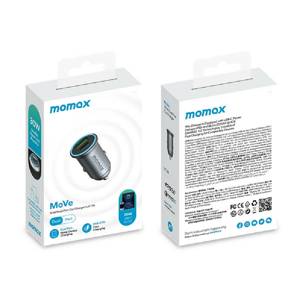 MOMAX UC18 30W Dual Port QC3.0 Car Fast Charger - Car Fast Charger - British D'sire