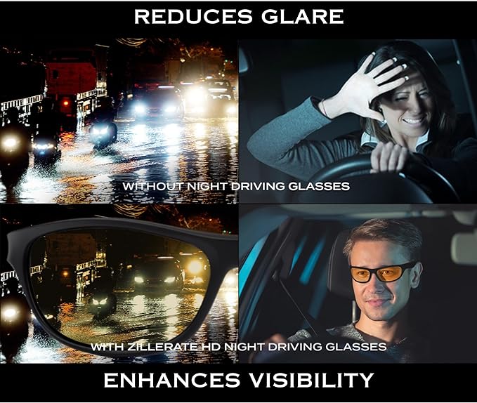 ZILLERATE Night Driving Glasses Anti Glare HD Night Vision Glasses for Driving, TAC Polarized Yellow Tinted Lens Sunglasses, Glare Reducing Polarised Nighttime Driving Glasses for Men & Women - British D'sire